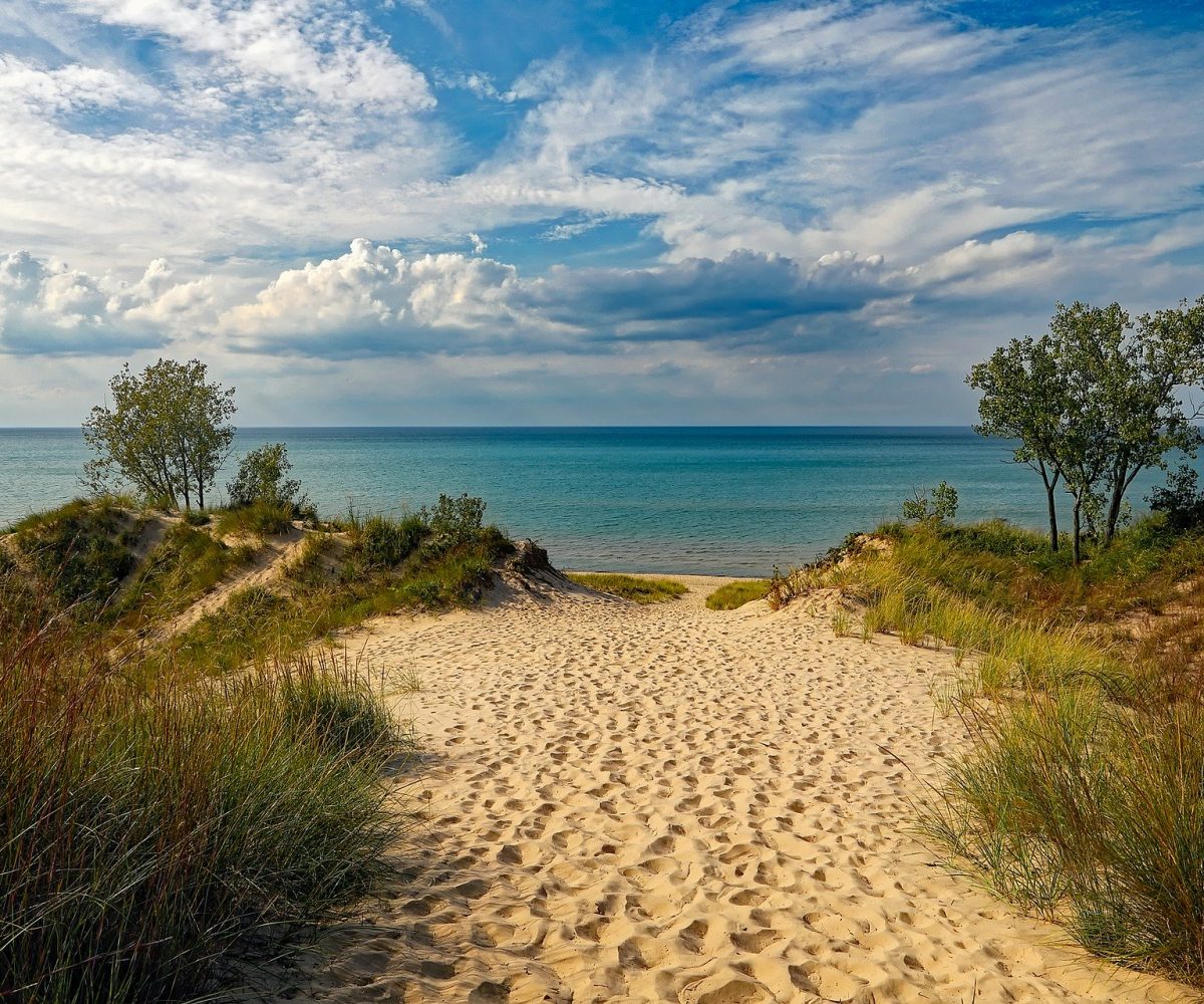 Sand dune path leading to lake
